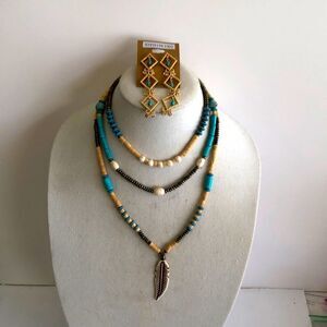 Nuri Faux Turquoise Wood‑Bead Feather Earrings – Brand New – Boho Style